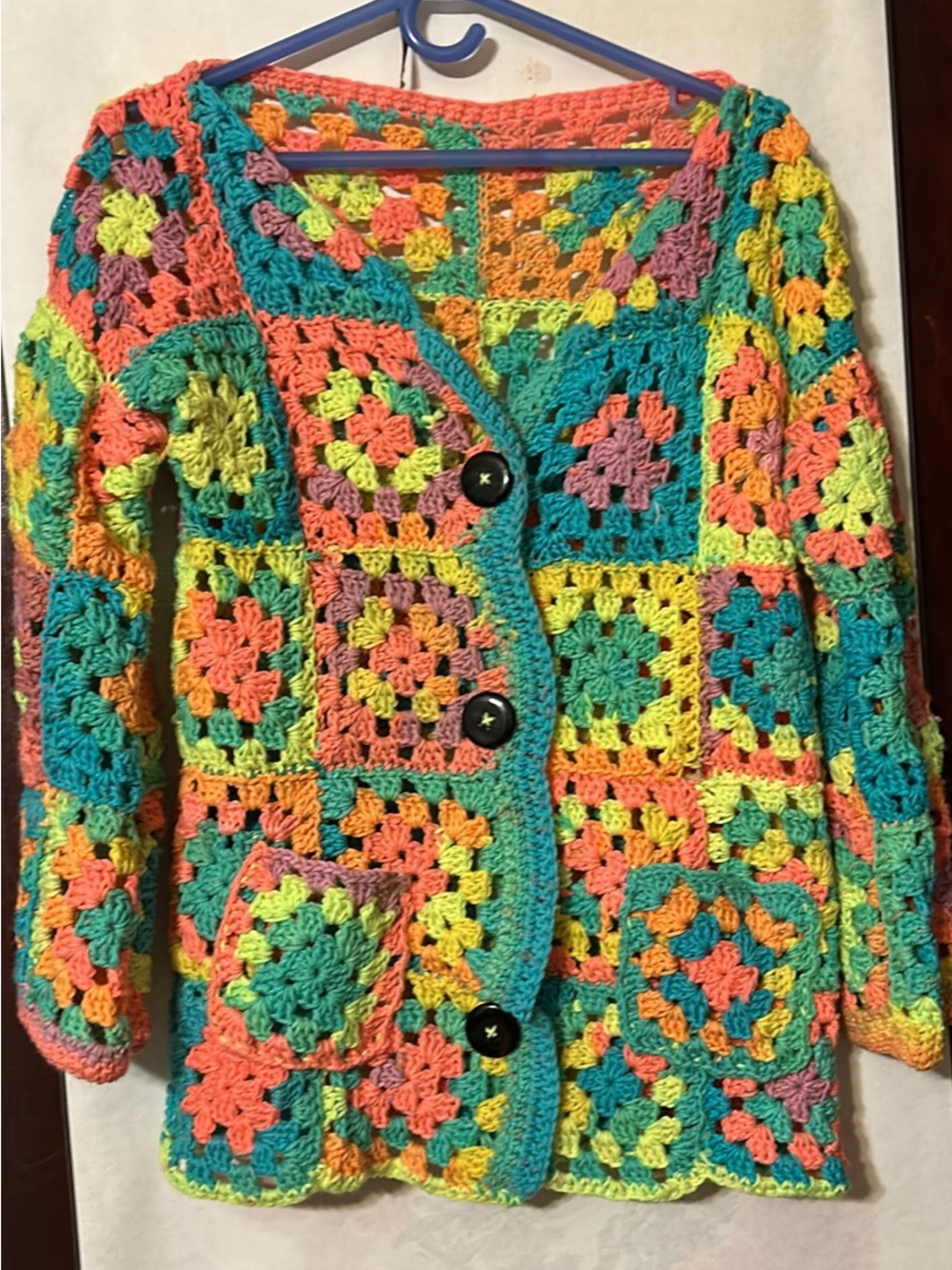 Hand-Crocheted Multicolor Granny Square Sweater Cardigan